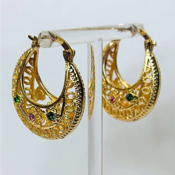 other Jewelry - 24k Gold Plated vintage Round Hoop Earrings detail with beautiful color diamonds